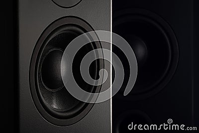 Stereo sound speakers closeup on black background with copy space Stock Photo