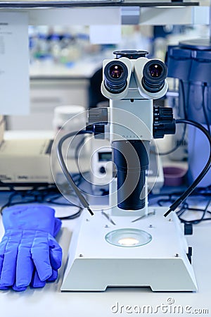 Stereomicroscope pharmaceutical bioscience research in laboratory. Concept of science, laboratory and study of diseases Stock Photo