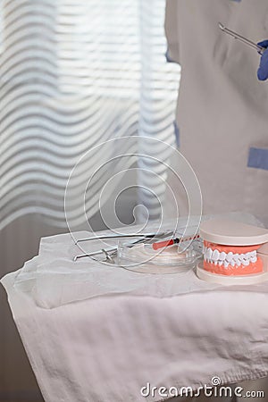 Sterile cotton napkins, human jaw model and stomatological tools on a table. Closeup Stock Photo