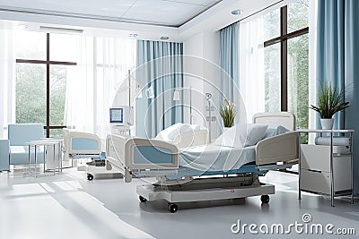 Recovery Room with beds and comfortable medical. Interior of an empty hospital room. Stock Photo