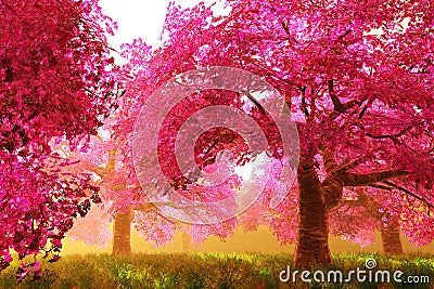 Sterious Cherry Blossoms Japanese Garden cartoony Stock Photo