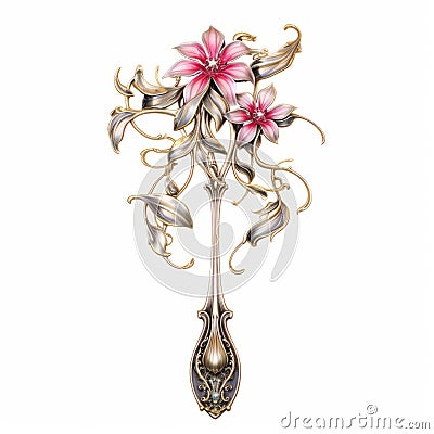 Sterling Silver Ornate Spoon With Pink Flowers: Realism With Surrealistic Elements Cartoon Illustration