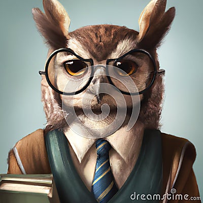 Stern looking owl as university professor, generative ai Cartoon Illustration