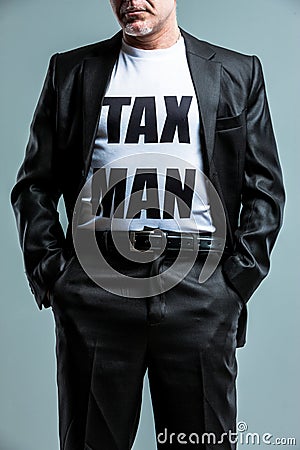 Stern man wearing a Tax Man t-shirt Stock Photo