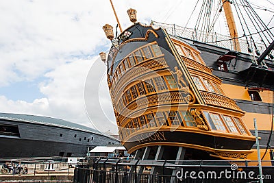 The Stern of the museum ship HMS Victory in Portsmouth docks Editorial Stock Photo