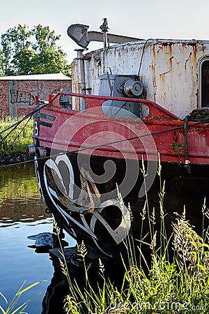 Stern post Cargo ship boat vessel, Canal Leuven Mechelen, Wijgmaal, Belgium Stock Photo