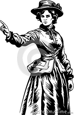 Stern retro looking woman points the direction with her finger. Vector black vintage engraved illustration isolated on white Vector Illustration