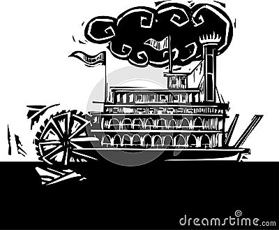 Stern wheel Riverboat in dark river Vector Illustration