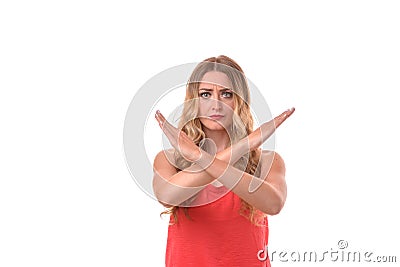 Stern young woman signalling the end Stock Photo