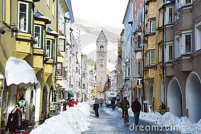 STERZING, ITALY - JANUARY 23, 2018: winter time in cozy mountain town of Europe. Old medieval mountain village with snow. Editorial Stock Photo