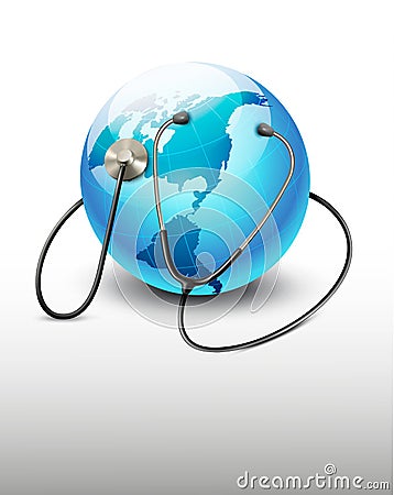 Stethoscope against a globe. Vector Illustration