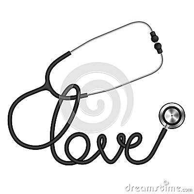 Stethoscope black color and love text made from cable isolated Vector Illustration