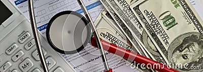 Stethoscope calculator dollars and medical insurance closeup Stock Photo