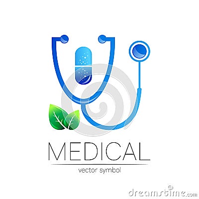 Stethoscope, capsule pill with leaf vector logotype in blue color. Medical symbol for doctor, clinic, hospital and Vector Illustration