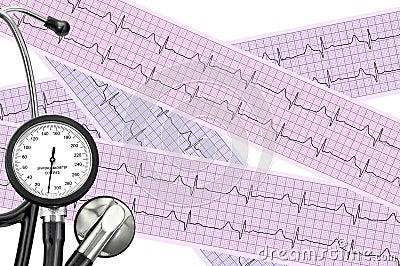 Stethoscope on cardiogram sheet of cardiology patient Stock Photo