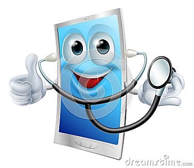 Stethoscope Cartoon Phone Mascot Vector Illustration