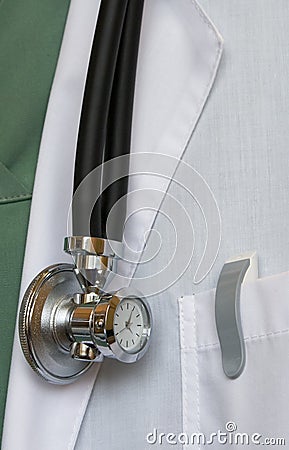 Stethoscope with clock on doctor's smock Stock Photo