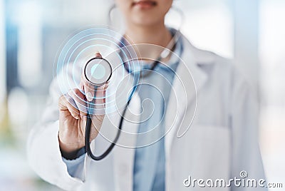 Stethoscope, digital heartbeat and doctor in hospital, woman hands and expert asthma consulting. Healthcare worker Stock Photo