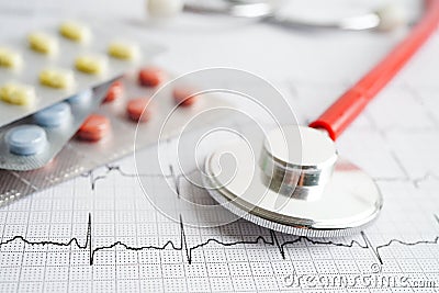 Stethoscope on electrocardiogram (ECG) with drug, heart wave, heart attack, cardiogram report Stock Photo