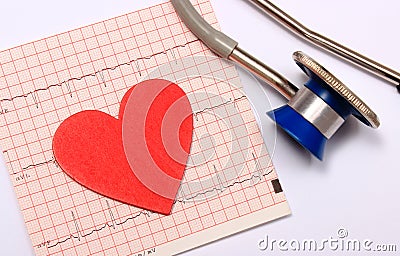 Stethoscope, Electrocardiogram graph report and heart shape Stock Photo