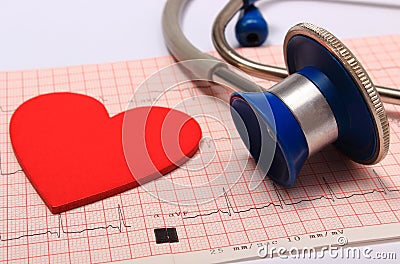 Stethoscope, Electrocardiogram graph report and heart shape Stock Photo