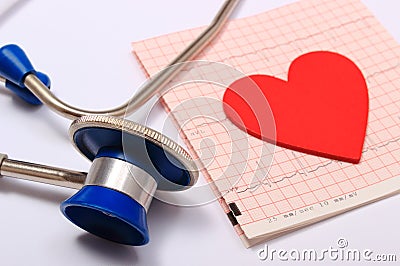 Stethoscope, Electrocardiogram graph report and heart shape Stock Photo