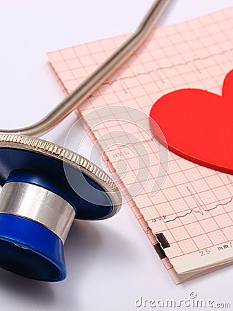 Stethoscope, Electrocardiogram graph report and heart shape Stock Photo