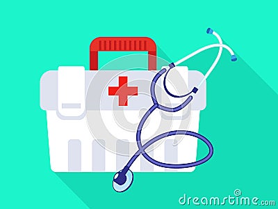 Stethoscope first aid kit icon, flat style Vector Illustration