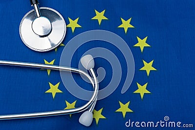 Stethoscope with the flag of the European Union. The concept of health in Europe. Stock Photo