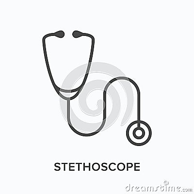 Stethoscope flat line icon. Vector outline illustration of doctor equipment. Heart diagnostic, cardiology clinic thin Vector Illustration