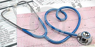 Stethoscope in form of heart on beat cardiogram report. Medical cardiology concept Cartoon Illustration