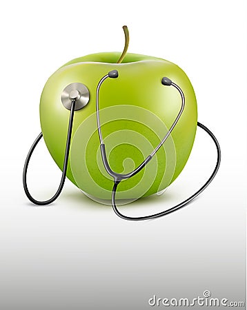 Stethoscope and green apple. Medical background. Vector Illustration