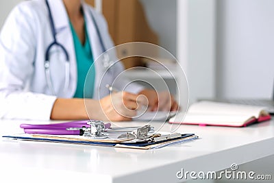 Stethoscope head lying on medical forms Stock Photo