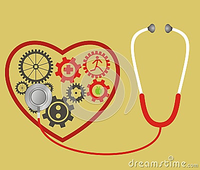 Stethoscope and heart consists of gears. pulse care symbol. Ele Vector Illustration