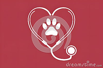 Stethoscope with heart shape and paw print for pet health and care. Stock Photo