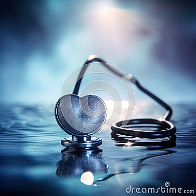 A close-up of a stethoscope and blue heart, blurred out in the background Stock Photo