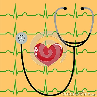 Stethoscope and heart on a yellow Vector Illustration