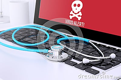 stethoscope on laptop keyboard with screen showing virus alert Stock Photo