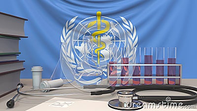 Laboratory equipment on flag of World Health Organization WHO background. Global medical research related editorial 3D Editorial Stock Photo