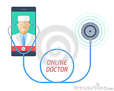 Stethoscope on a mobile phone with doctor on the screen. Vector Illustration