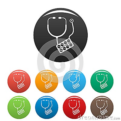 Stethoscope, pills icons set color Vector Illustration