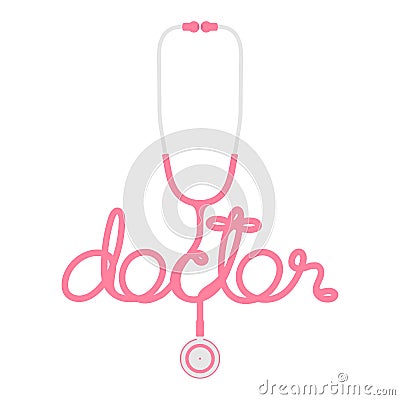 Stethoscope pink color and doctor text made from cable flat design Vector Illustration