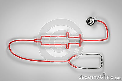 Stethoscope shape medical syringe on white - grey background. Concept healthcare. Stock Photo