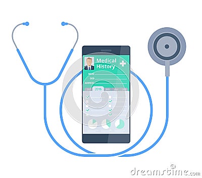 The stethoscope and smart phone with Patient Health medical Vector Illustration