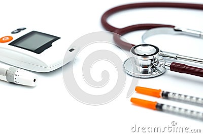 Stethoscope and syringe and glucose meter, lancet using as background health care Medical, Check Stock Photo