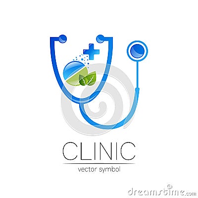 Stethoscope, tablet, leaf and cross vector logotype in blue color. Medical symbol for doctor, clinic, hospital and Vector Illustration