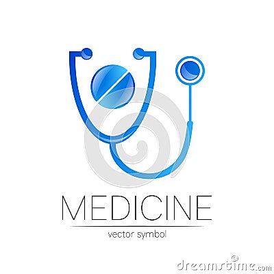 Stethoscope, tablet vector logotype in blue color. Medical symbol for doctor, clinic, hospital and diagnostic. Modern Vector Illustration
