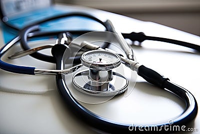 a stethoscope on top of a white hospital Stock Photo