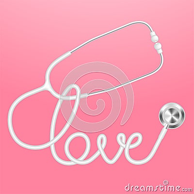 Stethoscope white color and love text made from cable Vector Illustration