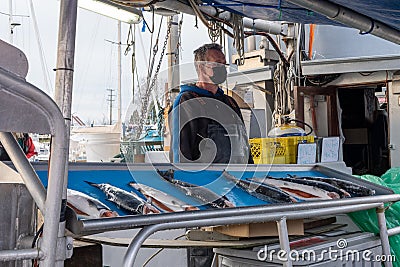 Steveston Harbour Fisherman Wharf. Fishermen sell fish on the boat. People wearing face mask during covid-19 pandemic period. Editorial Stock Photo